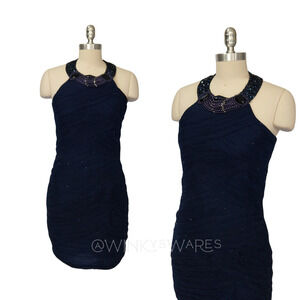 Vintage Y2K Navy Blue Formal Sheath Dress Size M Beaded Neckline Shirred MOB